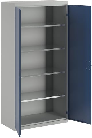 eurokraft pro | Flügeltürenschrank | 4 Fachböden, Breite 1000 mm, lichtgrau / enzianblau