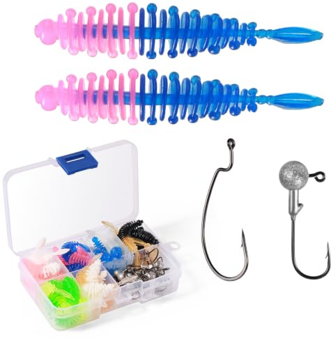 Annyswit 50 Stück Gummiköder Forelle Set mit Box, Jigkopf & Offset Haken | Gummifische Angelköder für Forelle und Barsch, Verschiedene Formen, Mit Jigkopf & Offset Haken, Für Süßwasser
