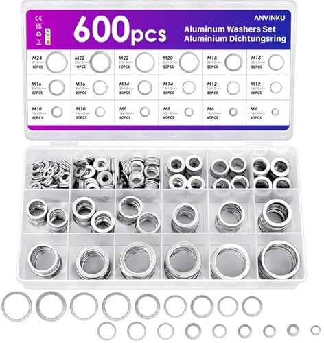 ANVINKU 600 Stück Aluminium Dichtungsring, 18 Größen Ölablassschraube Dichtung, M6-M24 Dichtungsringe Set, Unterlegscheiben Set, Ölablassschrauben Sortiment für Reparatur Hydraulik