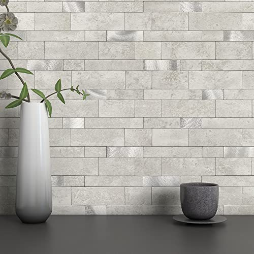 M MOFIT 3d Selbstklebende Wandfliesen Küche,Matte Marmor Mosaikfliesen Selbstklebend Steinoptik Metro Fliesen Ziegel Wandaufkleber Bad Wasserdichte(5 Matten,Zementgrau）