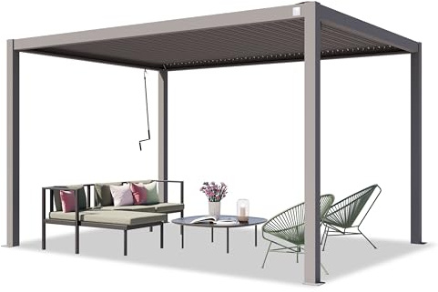 PRIMEYARD Pergola 3x4 m Aluminium-Pfosten mit Lamellendach aus Stahl graue Terrassenüberdachung