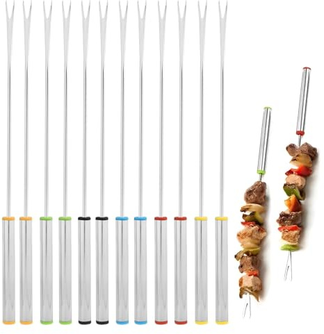 12 Stück Fonduegabeln Edelstahl Set 24cm mit Hitzebeständigem Griff Farbcodierte Fondue Gabeln Käsefondue Schokofondue Fleisch & Obst Spülmaschinenfestes Besteck fürWeihnachten Silvester & Party