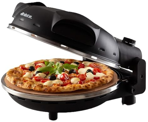 Ariete Pizzaofen 917, 4-Minuten-Pizza, Pizzaofen mit 5 Garstufen, Feuerfeste Platte zum Wiederaufwärmen, Holzbrettchen im Lieferumfang Enthalten, Max. Temperatur 400°C, 1200W, Schwarz