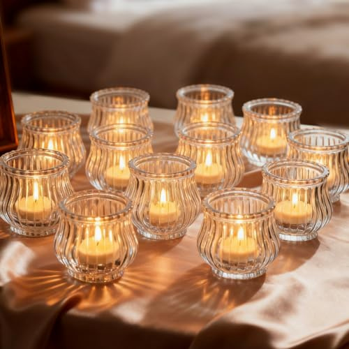 Glasseam Teelichthalter Glas Teelichtgläser Klein: 12er Set Teelichtglas Gerippt Teelicht Gläser für Hochzeit Tischdeko Klar Kerzengläser Votivkerzenhalter für Tisch Weihnachten Deko