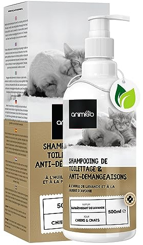 animigo Hundeshampoo - 500ml Pflege & Anti-Juckreiz Shampoo - Ausgewogener pH-Wert - Gegen Juckreiz, Milben, Flöhe - Katzenshampoo - Alle Katzen & Hunde Rassen - Hautfreundlich & Natürliche Zutaten