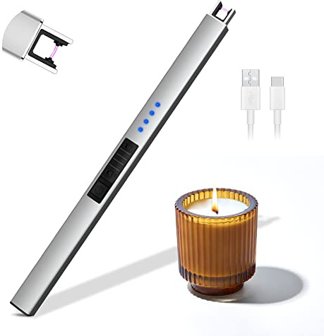 Rouclo Lichtbogen Feuerzeug Elektrisch,USB Aufladbar Feuerzeug Stabfeuerzeug Winddichtes, Elektro Kerzenanzünder Flammenlose Grillfeuerzeug Lighter für Kerzen Anzünden, Gasherd, Küche (Silber)