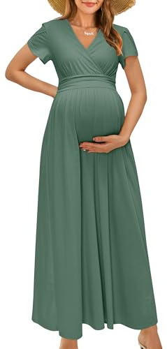 OUGES Damen Maxi Umstandskleider Lang Sommer Stillkleid V-Ausschnitt Kleider für Schwangere Lässiges Umstandsmode-M