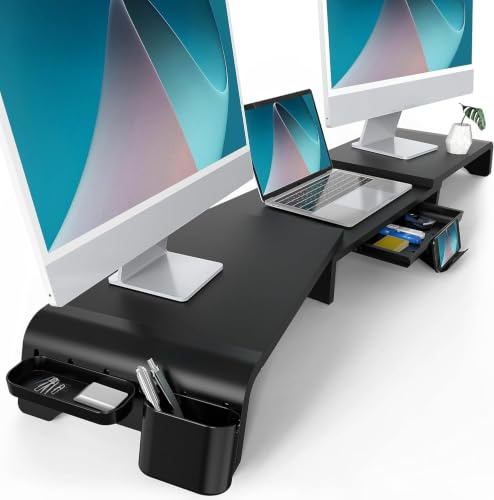 Fenge Monitorständer,längenverstellbar,(75-119) x23.5x8.9 cm,Schwarz | bildschirmerhöhung 2 monitore，Dual Monitorständer Mit Schublade und Stiftfach、Telefonhalter，Tragfähigkeit 25kg
