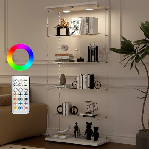 Aplancee 5-stöckige Glasvitrine mit RGB LED Beleuchtung 188x36x80 Standvitrine Weiß, Doppeltür abschließbar 5 Regale Vitrinenschrank, Große Sammlervitrine für Bücher Wein Figuren Wohnzimmer Büro