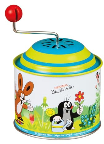 Lena tin Toys 52768 - Musikdrehdose Der kleine Maulwurf, Musikdose ca. 10,5 x 7,5 cm, Blechdrehdose mit Melodie Der Frühling, Drehdose aus Metall, Drehorgel für Kinder ab 18 Monate, Orgel mit Motiv