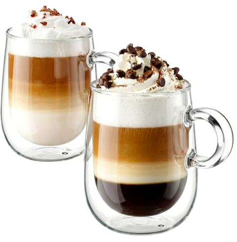 glastal 350ml*2 Doppelwandige Cappuccintassen Latte Macchiato Gläser Kaffeegläser Teegläser mit Henkel Borosilikatglas Kaffeetassen Glas Set Doppelwandgläser Kaffeebecher Weihnachten Geschenke