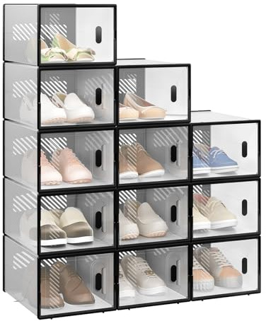 WOLTU Schuhbox stapelbar, 12er Set, Schuhkarton mit magnetischer Tür, Kunststoffbox für Schuhaufbewahrung, faltbarer Schuhorganizer, 35x19x25 cm, transparent schwarz