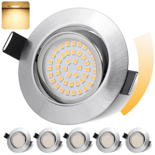 GeyouLux LED Einbaustrahler 230V Dimmbar 68mm 6W IP44 LED Spots 6er set | 45° Schwenkbar 3000K Warmweiß Deckenspots für Badezimmer Küche Wohnzimmer Einbauspots Flach Einbauleuchten Nickel