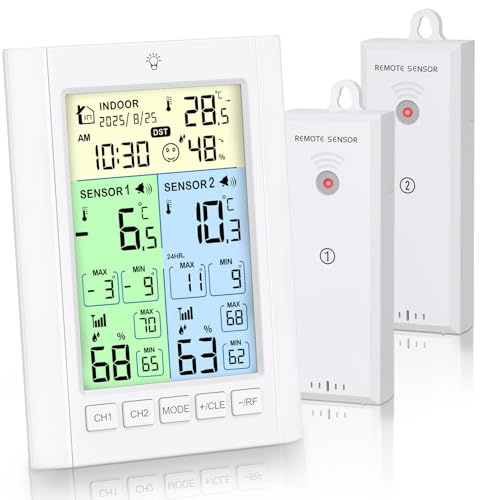 OQIMAX Digitales Kühlschrankthermometer, Gefrierschrank Thermometer mit 2 Sensoren, LCD Farbbildschirm mit Alarm, Hintergrundlicht, Max/Min, Zeit Kalender, DST, ℃/℉, Dual-Power-Modus für Küche