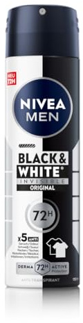 NIVEA MEN Black & White Invisible Deo Spray, Deodorant mit Anti-Flecken-Formel, zuverlässiger 72h Anti-Transpirant-Schutz und Active Protection (150 ml) (Packung mit 5)