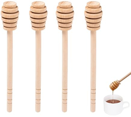 DESIOLE Honiglöffel aus Holz, 4 Stück, 16 cm | Vier 16-cm-Holzlöffel für Familie, Café oder Buffet; tiefe Rillen ermöglichen kontrolliertes Träufeln