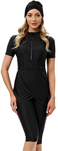 Odizli Damen Muslim Bademode Modest Tankini Islamisch Kurzärm Schwimmoberteile+Schwimmhose+Hijab 3tlg Ganzkörper Schwimmanzug