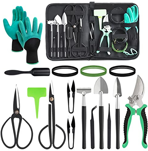 DEWINNER Bonsai Gartenwerkzeug-Set, 24-teilig, Bonsai-Schere, Bonsai-Garn, Pinzette, Gartenhandschuhe - Bonsai Starter Set für Anfänger