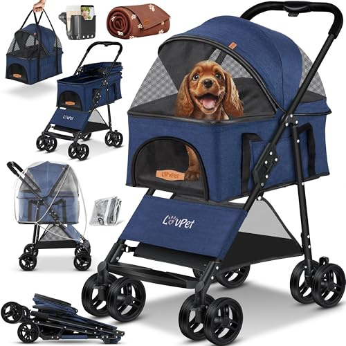 LOVPET® Hundewagen 2in1 Hundebuggy Hundebox Tragetasche Faltbar klappbar bis 20kg, mit 360°Drehrädern Inkl. Netzfenstern Getränkehalter, Regenschutzabdeckung & Kuscheldecke, Jogger Buggy für Haustiere