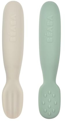 BÉABA, 2er-Set Babylöffel 1. Lebensjahr, Silikon-Pre-Löffel, Babybesteck, ab 4 Monaten, Ergonomische Form, Verschiedene Texturen, Ergonomischer Griff, Salbeigrün/Samtgrau