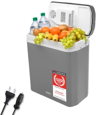 TZS First Austria - Kühlbox 24L elektrisch 12V 230V Anschluss für Auto & Steckdose - Thermoelektrische Cool Box kühlt & wärmt - Mini Kühlschrank mit Griff - Für Camping, Festivals, Reisen - Grau