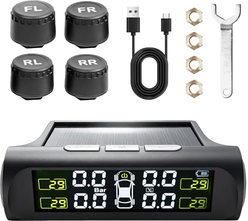 Behogan TPMS Solar Reifendruckkontrollsystem: IPX7 Wasserdicht Hochpräzise Reifendrucküberwachung mit 4 Digitale Reifendrucksensor und LCD-Anzeige, 0-5 Bar Mini ABS Gehäuse für SUV und PKW
