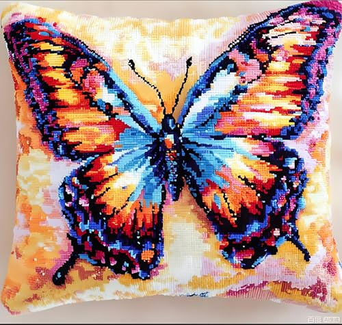 WallustrioaW Knüpfkissen-Set Schöner bunter Schmetterling,für Kinder oder Anfänger Erwachsene zum Selber Knüpfen,DIY Knüpfteppich Knüpfpackung,Knüpfhaken Set,43x43cm