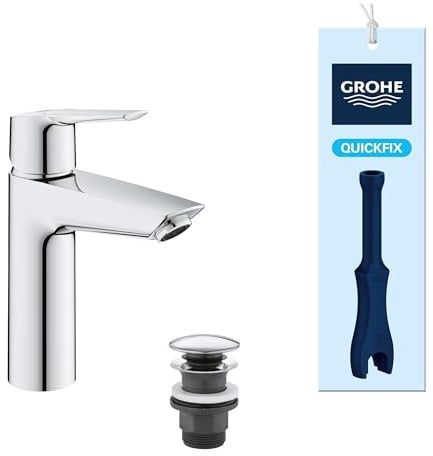 GROHE Start, Waschtischarmatur mit Push-Open-Ablauf, 19cm hoch, 6l/min | Wasserhahn Bad mit 3in1 Werkzeug, Wassermenge & Temperatur begrenzbar, einfache Waschbecken-Montage (chrom, 24204002)