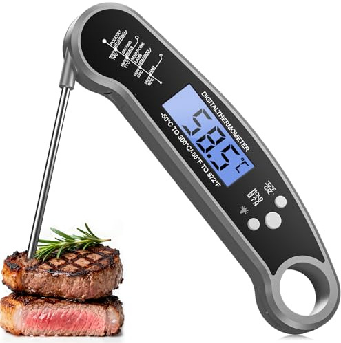 Digitales Fleischthermometer klappbar – Grillthermometer, Bratenthermometer, Küchenthermometer – Wasserdicht, LCD-Backlight, 2-3s Sofortablesung – Küche, Grillen, Backen, Milch & Thermometer Kochen