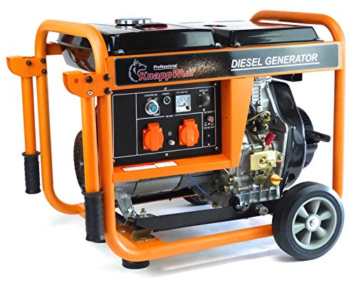 KnappWulf Diesel Stromerzeuger Generator Notstromaggregat KW5500 1-Phasig 2x230V 1x 12V Steckdosen 5000Watt inkl. Ölmangelsicherung, Transportgriffe und Transporträder.