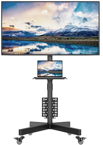 BONTEC TV Ständer Rollbar für 23-60 Zoll LED LCD OLED, Max. VESA 400x400mm, bis 40 kg, Höhenverstellbarer Fernsehständer mit Rollen und Lochplatte, Medienablage, Kabelmanagement, Schwarz