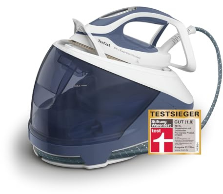 Tefal Pro Express Protect Dampfbügelstation, 7,6 Bar Dampfdruck, variable Dampfmenge: 140 g/Min., Dampfstoß: 550 g/Min., Anti-Kalk-Kollektor, vertikale Dampffunktion, blaugrau/weiß, GV9225