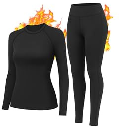 HiZiTi Thermounterwäsche Damen Skiunterwäsche Set Winter Schwarz Funktionsunterwäsche Thermo Unterwäsche Ski Damen Extra Warm Atmungsaktive Thermowäsche mit Thermounterhose Thermounterhemd Langarm L