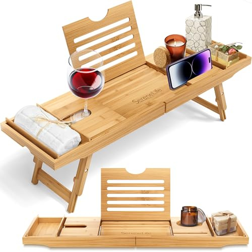SereneLife Badewannenablage aus Bambus 2-in-1 als Bett Tablett – Ausziehbares Badewannenbrett 75–108 cm, höhenverstellbar, klappbar mit stabiler Buch- und Tabletstütze