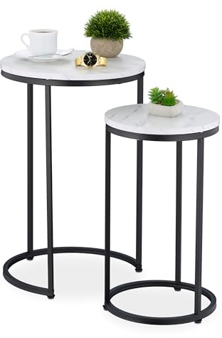 Relaxdays Satztisch, 2er Set, 2 Größen, Marmoroptik, Metall, runde Beistelltische, Wohnzimmer Couchtisch, weiß/schwarz