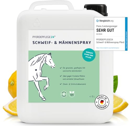 PFERDEPFLEGE24 Schweif und Mähnenspray für Pferde 5l - VERGLEICHSSIEGER - Brillanter Glanz, leichte Kämmbarkeit & Gesundes Fell - Mähnen und Schweifspray für Pferde in 5 Größen