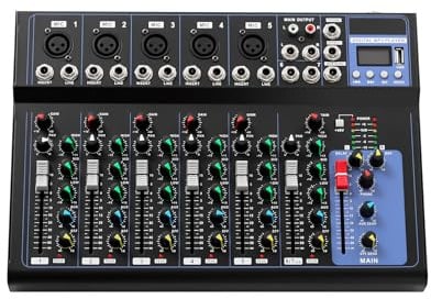MINRS Bluetooth Audio Mixer 7 Kanal, DJ Mischpult Live Studio mit USB Sound Mixing Console 6 Musikmodi für Musikproduktionsstudios Bars und Bühnen für Anfänger und Profis
