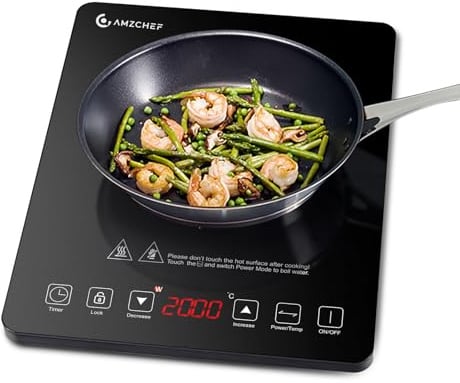 AMZCHEF Induktionskochplatte,2000W Einzelinduktionskochfeld mit schlankem Design, 20 Leistungsstufen,20 Temperatureinstellungen, Sicherheitsverriegelung,3-Stunden-Timer, Schwarz