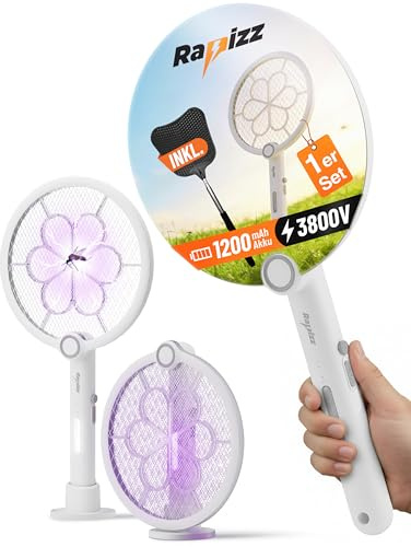 RAPIZZ Elektrische Fliegenklatsche Akku - 3in1 Funktion & Gratis Mückenklatsche I Extra Stark I Mosquito Bat Fly Swatter Elektronische Elektro Fliegenklatschen USB & Elektrischer Mücken Schläger