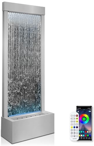 LONGRUN Gartenbrunnen Groß, Zimmerbrunnen Wasserfall mit Bluetooth Kontrolle LED Beleuchtung, 45,5x20x123cm Edelstahl Garten Wasserwand Innenbereich mit Pumpe, Moderne Zierbrunnen Wasserfall - Silber