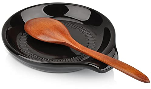 HONZUEN Keramik Löffelablage für Küche,Porzellan Stehende Löffelhalter,Chunky Kochlöffelablage Ständer,Kitchen Craft Küchenutensilien Ablage Kochlöffel Nudel Küchenhelfer(Schwarz)