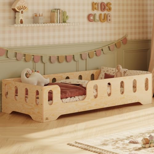 smartwood Bodenbett 90x200 cm mit Rausfallschutz, Holz, TILA 2L | Montessori Kinderbett, Lattenrost belastbar bis 230 kg, FSC-Zertifikat, abgerundete Kanten, Einfache Montage, ab 3 Jahren