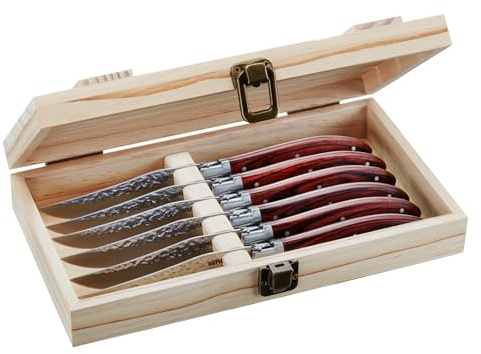 GEFU Steakmesser Set Rancho 6-teilig | Ultrascharfe Messer mit Holzgriff in edler Kiefernholzbox | Geschenkset für Steakliebhaber | Hammerschlagklinge