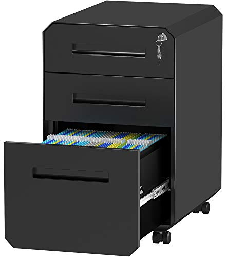 YITAHOME Metall Rollcontainer mit 3 Schubladen, Abschließbar Aktenschrank für Legal, Letter, Mobiler Büroschrank mit Rollen für Home-Office, 51 x 40 x 64cm, Schwarz