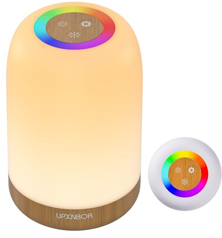 UPXNBOR LED Nachttischlampe Touch-dimmbar, Nachtlicht für Schlafzimmer | Tischlampe Kabellos mit 256 RGB Farben & 4 Modi, USB aufladbar, Timer & Haken, Stilllicht in Holzoptik für Kinder, Wohnzimmer