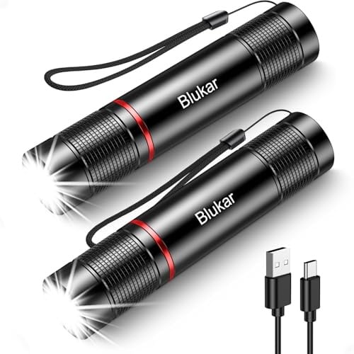 Blukar LED Taschenlampe Aufladbar, Superhelle Zoombar Mini Torch mit 4 Lichtmodi & Langer Betriebsdauer, Wasserdichte Handlampe für Camping, Wandern, Outdoor, Notfäll - 2 Stück