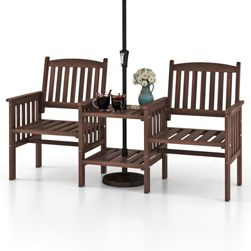 GIANTEX Gartenbank Holz mit Tisch, Holzbank Outdoor 2 Sitzer, Sitzbank Garten mit Schirmloch, Terrassenbank aus Tannenholz bis 330 kg belastbar, Friesenbank Kinobank für Balkon Terrasse 165x60x88 cm