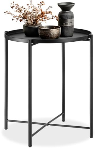 tectake® Tisch rund, Beistelltisch Metall, Kleiner Tisch, Couchtisch Coffee Table für Wohnzimmer, Nachttisch Schlafzimmer, Balkon Möbel, abnehmbare Tischplatte - schwarz