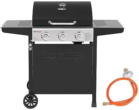 Royal Gourmet Gasgrill Grillwagen 3 Brenner 9 kW Camping Gaskocher mit Kochplatte, Gartengrill mit Flaschenöffner, Druckminderer und Gasschlauch Grillrost ca. 60 x 42 cm, Schwarz