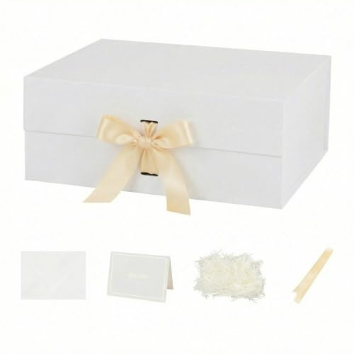 Weiß Magnetische Geschenkbox mit Deckel groß 32x28x13.5cm mit Geschenkbeutel, Schleife, Raffia & Grußkarte